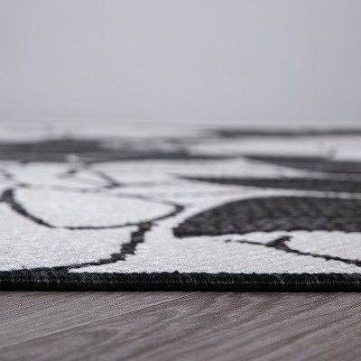 Black and White Floral Flat Woven Synthetic Runner Rug