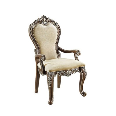 Latisha Antique Oak and Gray Upholstered Arm Chair with Silver Detailing