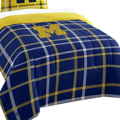 2pc NCAA Comforter and Sham Set Collegiate Plaid Logo Bedding - Michigan Wolverines..