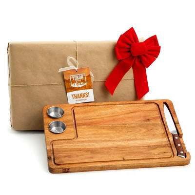 Acacia Wood Steak Board Set with Sauce Cups and Knife, 3 Pack