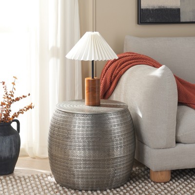 Antique Silver Round Metal Side Table with Storage
