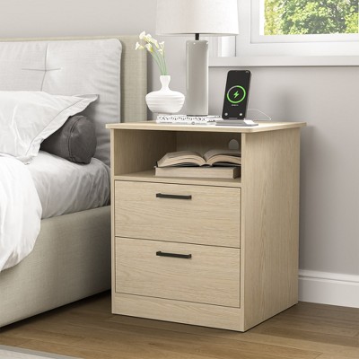 Resenkos Wood Nightstand With Charging Station, Bedside Table With 2 Drawers, Night Stand With Storage For Bedroom,