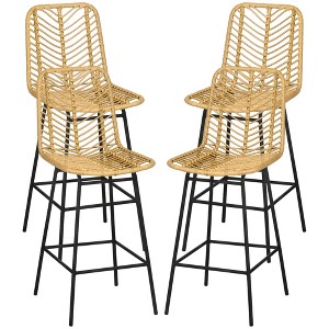 Set of 4 Rattan Barstools Wicker Counter Stools with Steel Legs and Footrest for Dining Room Kitchen Pub Yellow - 1 of 4