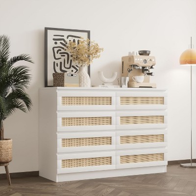 8 Drawer White Dresser for Bedroom, Modern Farmhouse Chest with Slim Wood Frame, Space-Saving TV Stand for Apartment or Small Spaces
