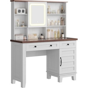 Makeup Vanity Desk, with Mirror and Lights, 42" Glass Top Vanity Table, Upholstered Stool, Drawers, Cabinet & Open Shelves, 2 Storage Drawers - 1 of 4
