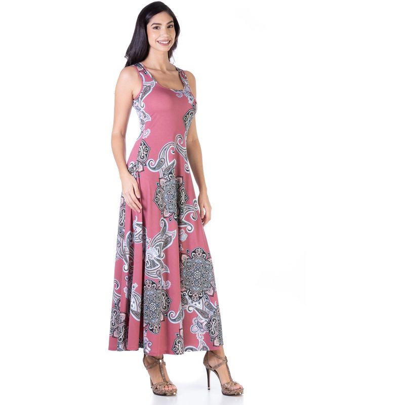 24seven Comfort Apparel Womens Mauve Paisley Sleeveless Loose Long Casual Maxi Dress, 2 of 5