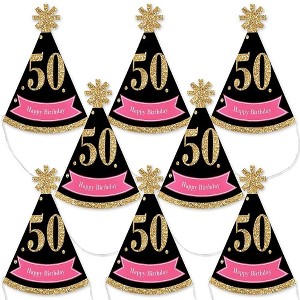 Big Dot of Happiness Chic 50th Birthday - Pink, Black and Gold - Mini Cone Birthday Party Hats - Small Little Party Hats - Set of 8 - 1 of 4