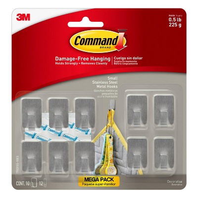 Command 10pk Small Stainless Steel Hooks: Adhesive Hat & Comando Hooks, 0.5 lb Capacity, Silver, Metal, 90-Day Warranty