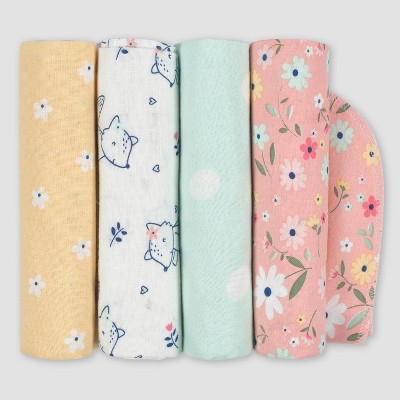 Gerber Baby Girls' 4pk Fox Flannel Blanket - Orange/Yellow/Light Blue