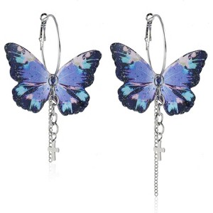 Enchanted Butterfly Earrings - 3D Purple Wings with Asymmetric Cross Design and Flowing Tassels - 1 of 4