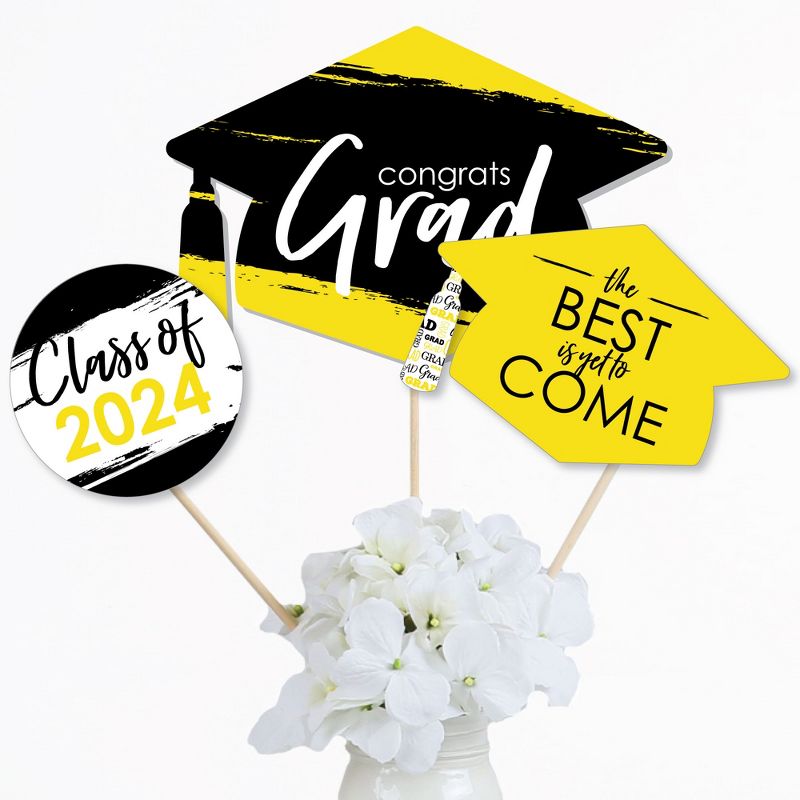 Big Dot of Happiness Yellow 2024 Graduation Party Centerpiece Sticks - Table Toppers - Set of 15, 3 of 9