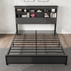 Bed Frame with Bookcase Storage & 2-Tier Headboard, Charging Station, No Box Spring Needed Easy Assembly Black Mattress Foundation - 3 of 4