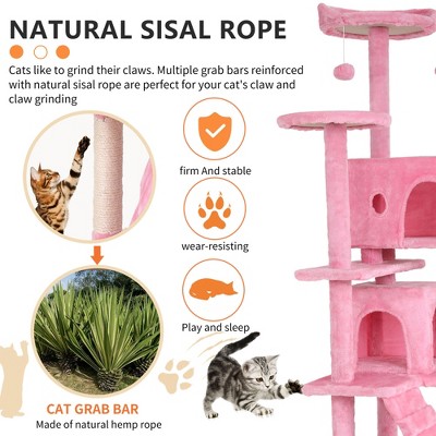 70in Pink Faux-Fur Multi-Level Cat Tree Tower with Sisal Scratching Posts
