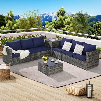 6-Piece Outdoor Wicker Sectional Sofa, Rattan Patio Conversation Furniture Set with Corner Table & Tempered Glass Coffee Table - ModernLuxe