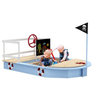 Outsunny Wooden Sandbox, Kids Outdoor Play Set with Pirate Ship Design, Blackboard, Storage Deck, Toddler Sand Pit for 3-7 Years, 68" x 44" x 39" - 1 of 4