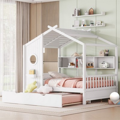 Wooden Full Size/Twin Size House Bed With Trundle, Platform Bed Frame With Storage Shelves, Easy Assembly For Girls Boys