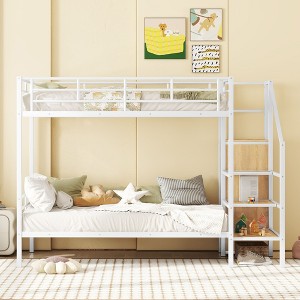NicBex Twin Over Twin/Full Over Full Metal Bunk Bed with Ladder and Guardrail,Loft Bed with Storage Space and Wardrobe for Bedroom,Black/White - 1 of 4