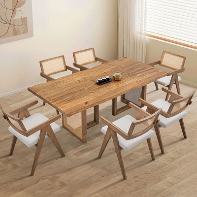 VYNXARIA 86.61 Inch Rectangular Waves Dining Table Set,Mid Century Modern Large Kitchen Set,Bohemian Dining Table with Rattan Weave for Restaurant