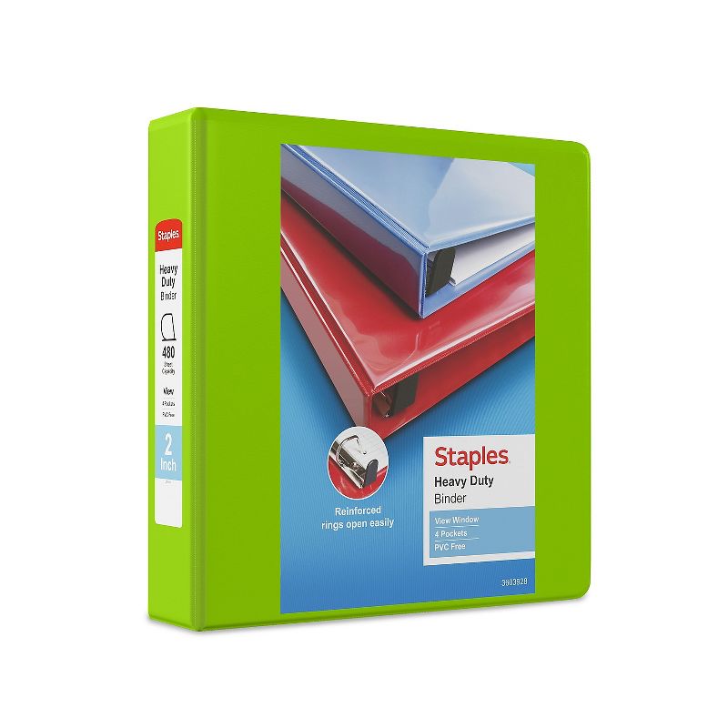 Staples Heavy Duty 2" 3-Ring View Binder Chartreuse (24687) 56321-CC/24687, 1 of 8
