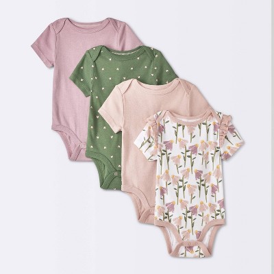 Baby 4pk Floral Short Sleeve Cotton Bodysuit - Cloud Island™ Pink 6-9M