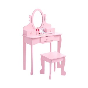 Kids Vanity Set, Adjustable Angle Mirror, Wooden Makeup Table, Pretend Play Girls Vanity Table and Chair Set, for Bedroom, Playroom - 1 of 4