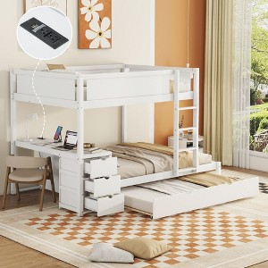 PAGED Twin over Twin Bunk Bed with Desk and Trundle, Wooden Bed Frame with Drawers and Guardrail, Modern Loft Bed for Kids, Teens, Adults - 1 of 4