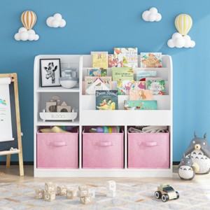 Kids Bookshelf,Book Rack with 3 Collapsible Fabric Storage Bins,Book Display Rack and Toy Storage Organizer for Bedroom Nursery-Baofuwish - 1 of 4