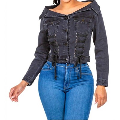 Women's Chic Off Shoulder Lace Up Denim Jacket - American Bazi