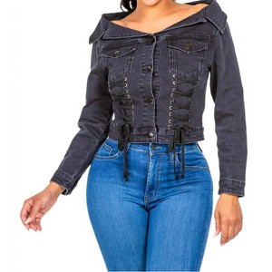 Women's Chic Off Shoulder Lace Up Denim Jacket - American Bazi - 1 of 4