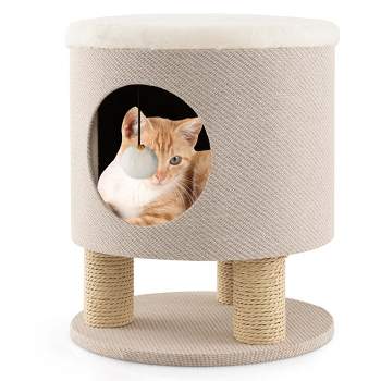 Costway 3-IN-1 Cat Condo Stool Kitty Bed with Scratching Posts & Plush Ball Toy Beige/Grey