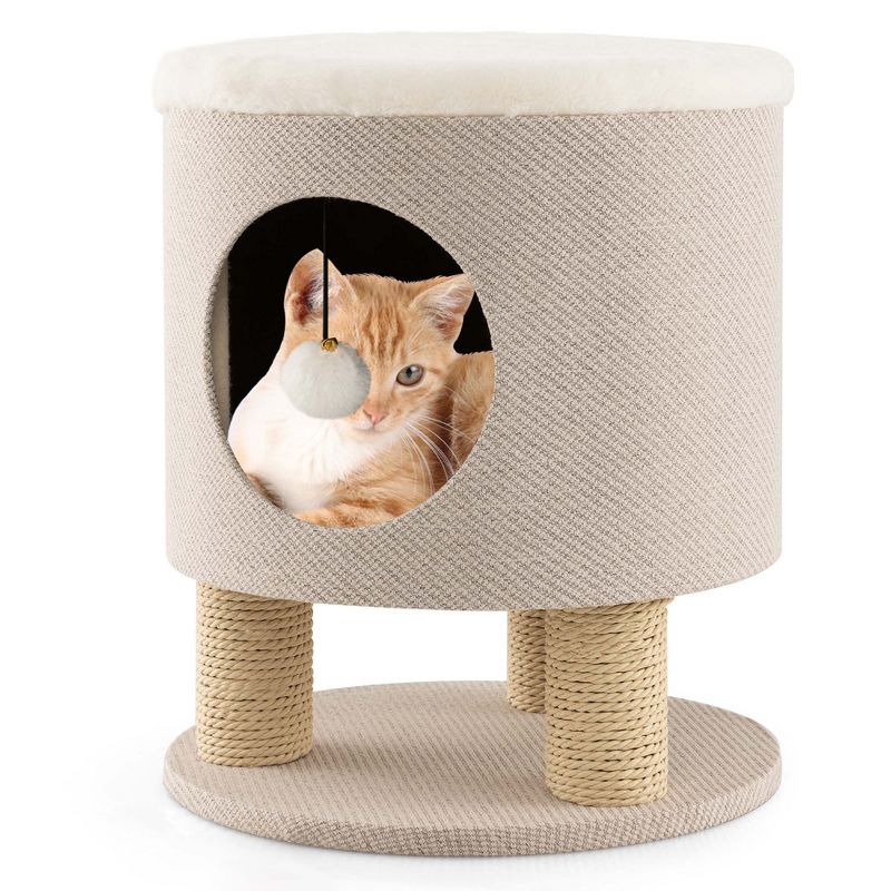 Costway 3-IN-1 Cat Condo Stool Kitty Bed with Scratching Posts & Plush Ball Toy Beige/Grey, 1 of 11
