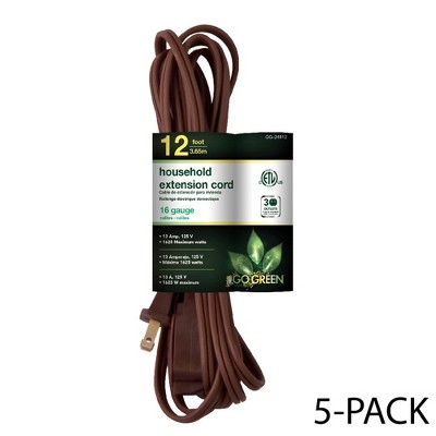 GoGreen Power (GG-24812) 16/2 12Õ Household Extension Cord, 3 Outlets, Brown, 12 Ft, 5-Pack
