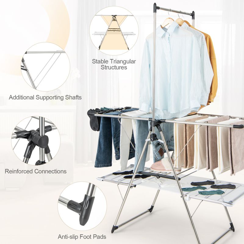 Large Foldable Clothes Drying Rack 2-tier Laundry Drying Rack w/ Tall Hanging Bar Height Adjustable Gullwing Sock Clips Netting Cloth & Shoe Hook, 4 of 11