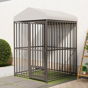 4X4x6FT Large Outdoor Dog Kennel, Heavy Duty Metal Dog Cage with Waterproof Roof, Rotating Feeding Bowl and Lock, for All Dog Breeds - 1 of 4