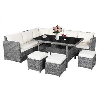 Tangkula Outdoor Wicker Coversation Set, 7 Piece, with Red/Turquoise/White/Black/Navy/Gray Cushions