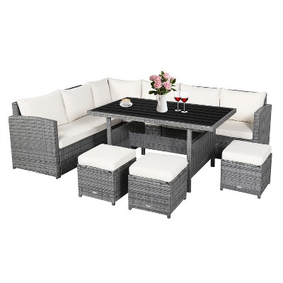 Tangkula Outdoor Wicker Coversation Set, 7 Piece, With White Cushions ...