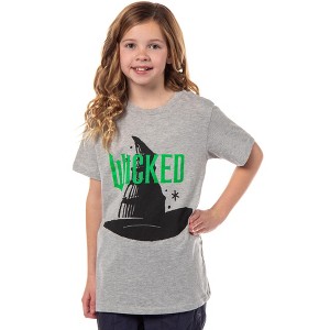 Seven Times Six Wicked The Musical Girls' Elphaba Witches Hat Logo Design T-Shirt Grey - 1 of 4