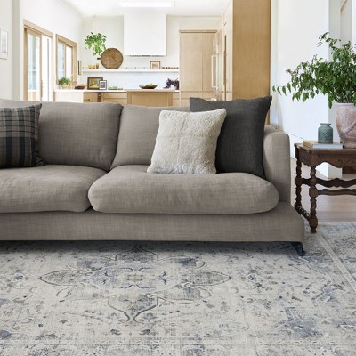 Off-White and Blue 5' x 7' Synthetic Flatwoven Washable Area Rug
