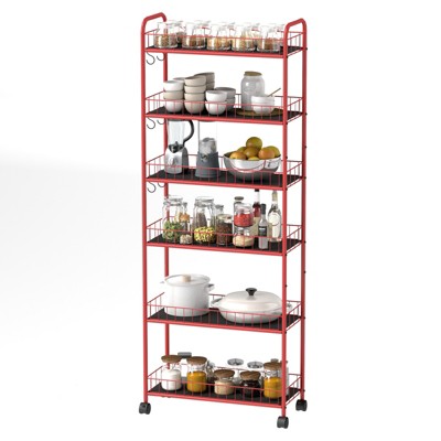 Fontoi Baker's Racks, 6 Tier Shelving Unit, Slim Rolling Storage Cart with 6 Baskets, Mobile Rack for Garage Kitchen Office, Red, 10"*61"*22.8"