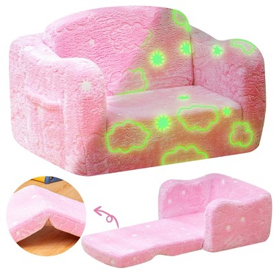 Hooseng Toddler Couch, 2-in-1 Glow-in-The-Dark Plush Kids Fold-Out Sofa, Convertible Kids Sofa to Lounger with Curved Armrests for Boys & Girls