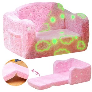 Hooseng Toddler Couch, 2-in-1 Glow-in-The-Dark Plush Kids Fold-Out Sofa, Convertible Kids Sofa to Lounger with Curved Armrests for Boys & Girls - 1 of 4