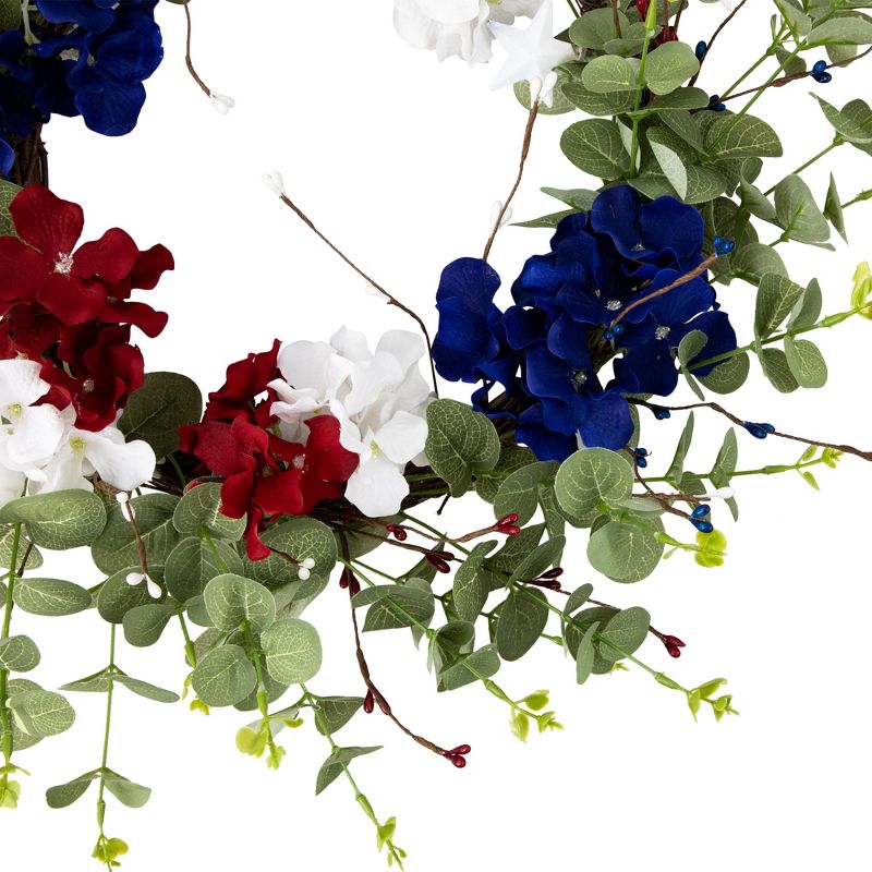 Northlight Red, white and Blue Hydrangea and Eucalyptus Patriotic Artificial Wreath, 3 of 8