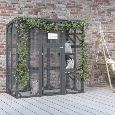 LAOTIES 60" Outdoor Wooden Cat Catio,Large Cat Enclosure with Waterproof Roof And 6 Platforms for Multiple Cats