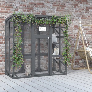 LAOTIES 60" Outdoor Wooden Cat Catio,Large Cat Enclosure with Waterproof Roof And 6 Platforms for Multiple Cats - 1 of 4