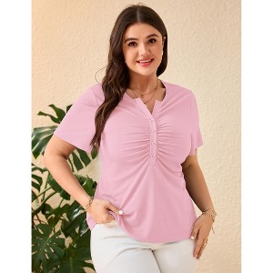 YESFASHION Women Plus Size V-Neck Button Blouse Short Sleeve Lightweight Casual Summer Tunic Top - 1 of 4