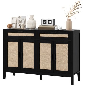 Kitchen Sideboard Cabinet, Boho Entryway Cabinet with Decorative Rattan Doors and Drawers for Dining Room - 1 of 4