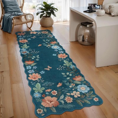 Floral rug (2'x6') for hallway, kitchen rug, ultra-thin soft, non-slip, washable, stain-resistant, bohemian style velvet rug