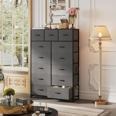 Tall Dresser with 13 Drawers, Fabric Storage Organizer Chest for Bedroom, Sturdy Steel Frame with Wood Top