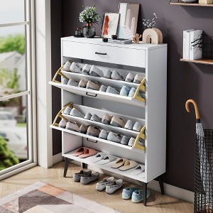 Whizmax Shoe Cabinet with 2 Flip Drawers Open Shelf Modern Shoe Racks Storage Organizer for Narrow Closet Entryway Living Room