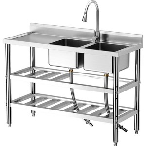 47-Inch Stainless Steel Utility Sink, 2-Compartment Commercial Freestanding with Pull-Out Faucet, Workbench & 2 Storage Shelves, Indoor/Outdoor - 1 of 4
